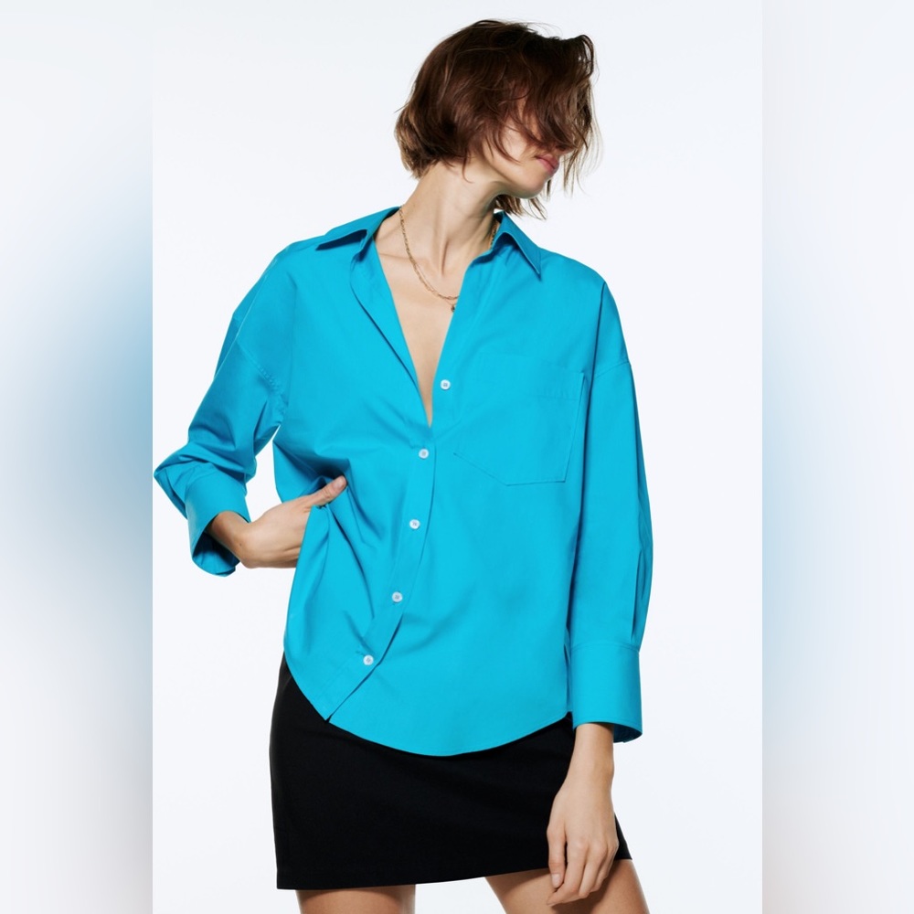 Zara Basic Poplin Button Shirt in Blue
